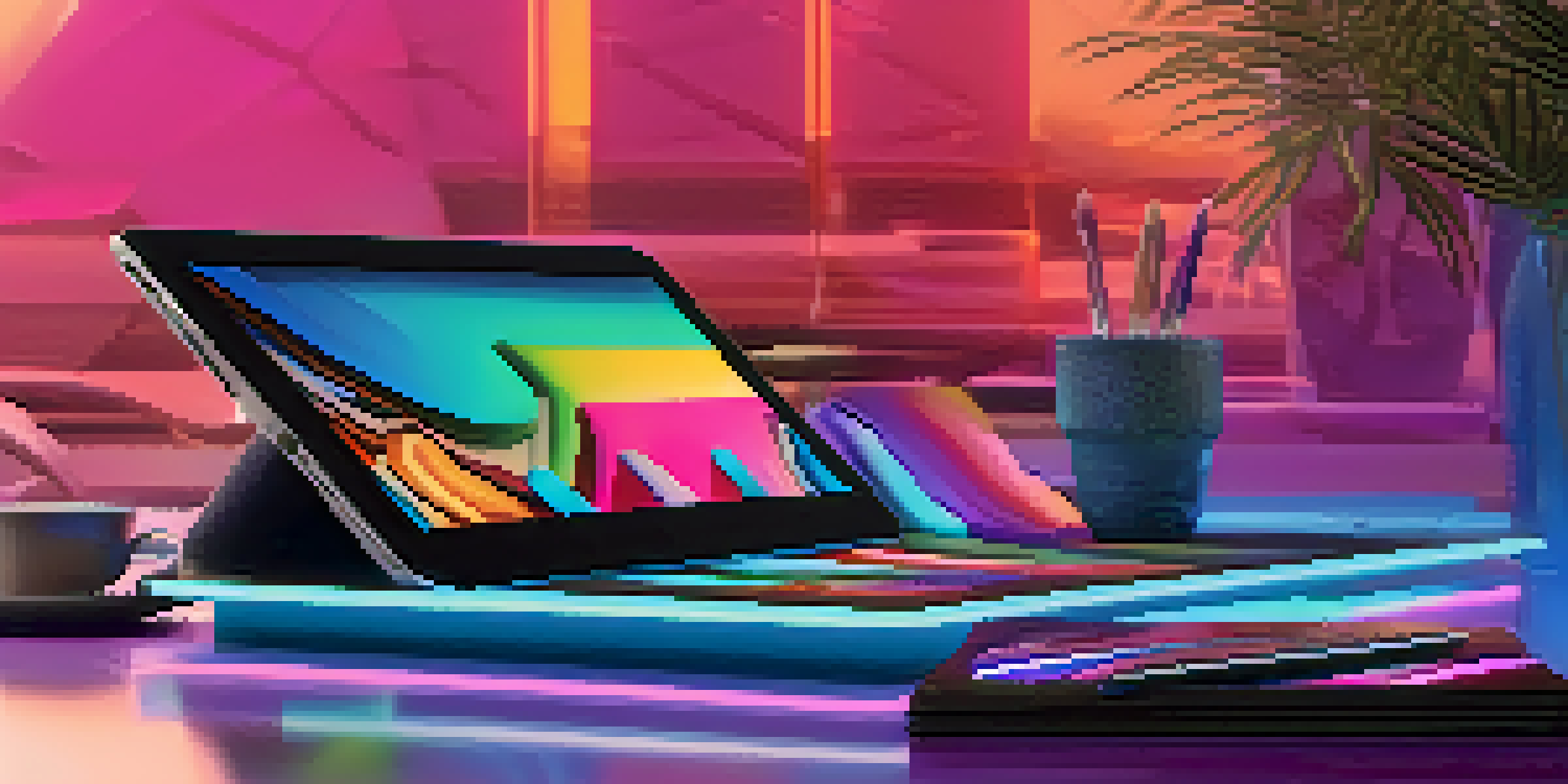 A futuristic tablet displaying a vibrant NFT digital artwork with intricate patterns in a modern workspace.