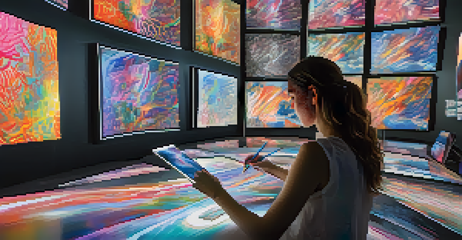 An artist working on generative art with AI technology, surrounded by screens displaying evolving colorful patterns.