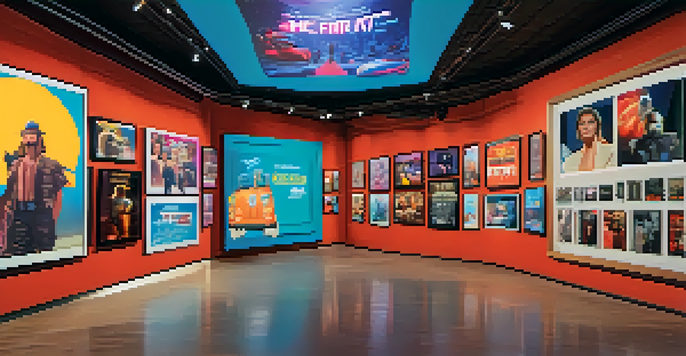 A digital art gallery filled with unique NFTs depicting classic films, featuring bright screens and colorful interactive elements.