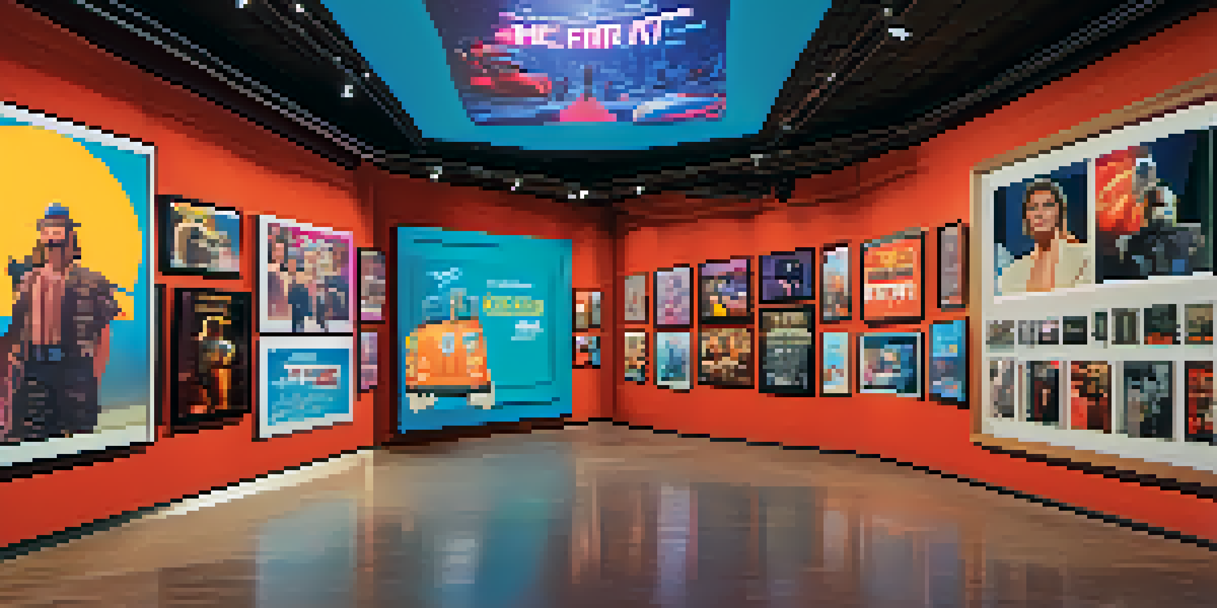 A digital art gallery filled with unique NFTs depicting classic films, featuring bright screens and colorful interactive elements.