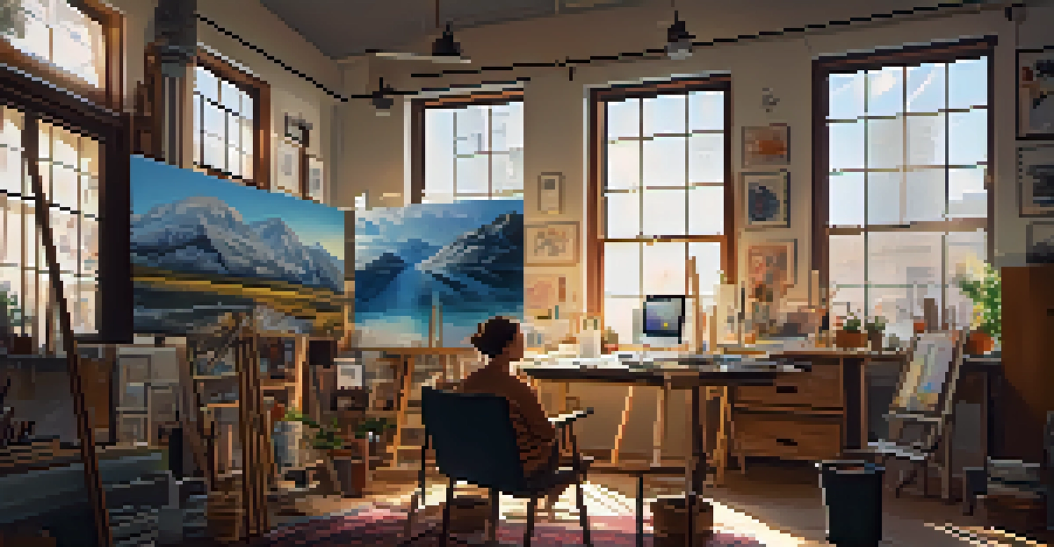 An artist's studio with a woman painting a digital artwork on a large canvas, surrounded by art supplies and a computer displaying NFT platforms.