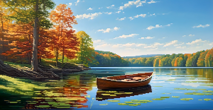 A peaceful lake scene with a wooden boat, surrounded by green forests and a clear blue sky.