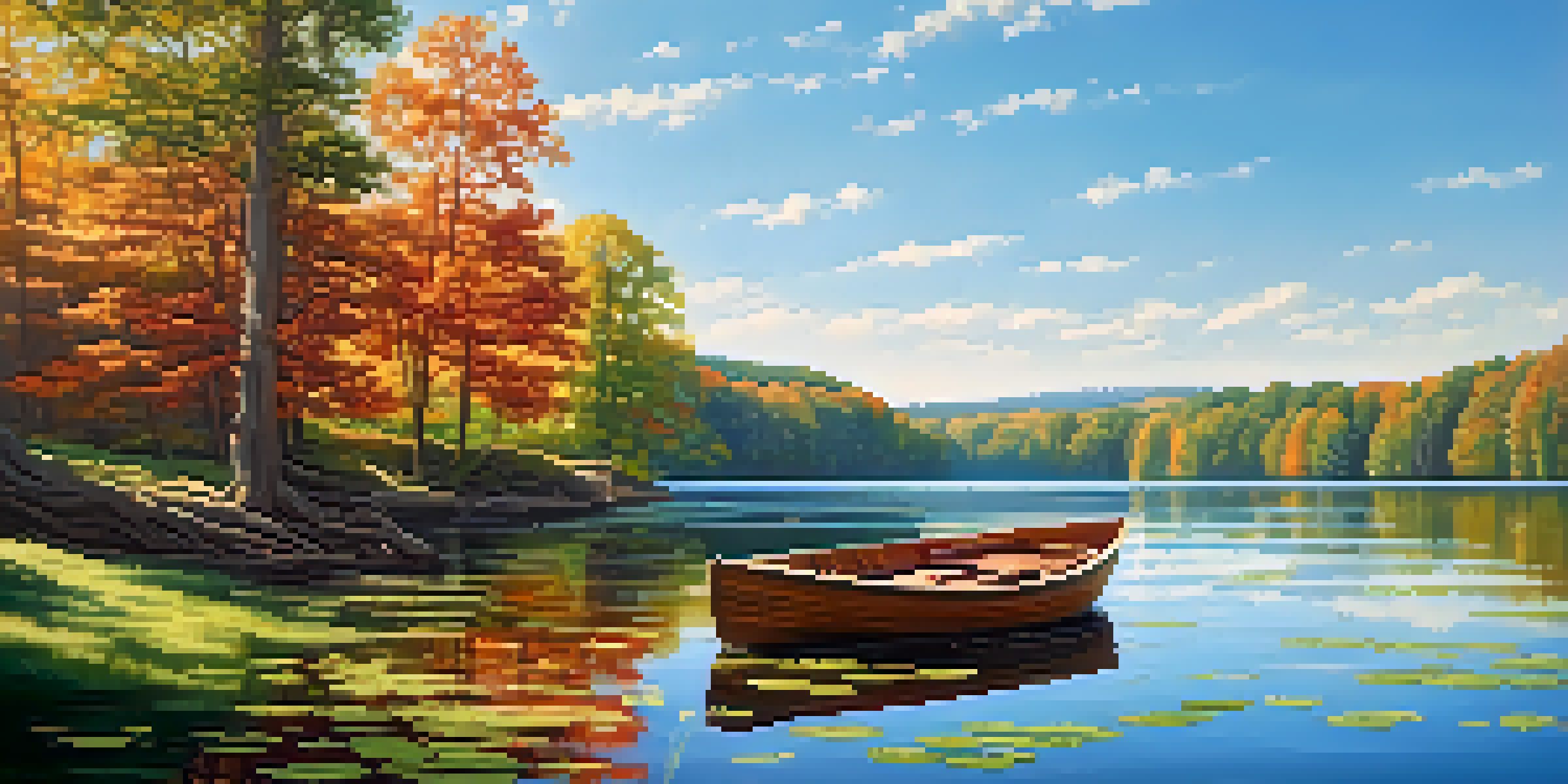 A peaceful lake scene with a wooden boat, surrounded by green forests and a clear blue sky.