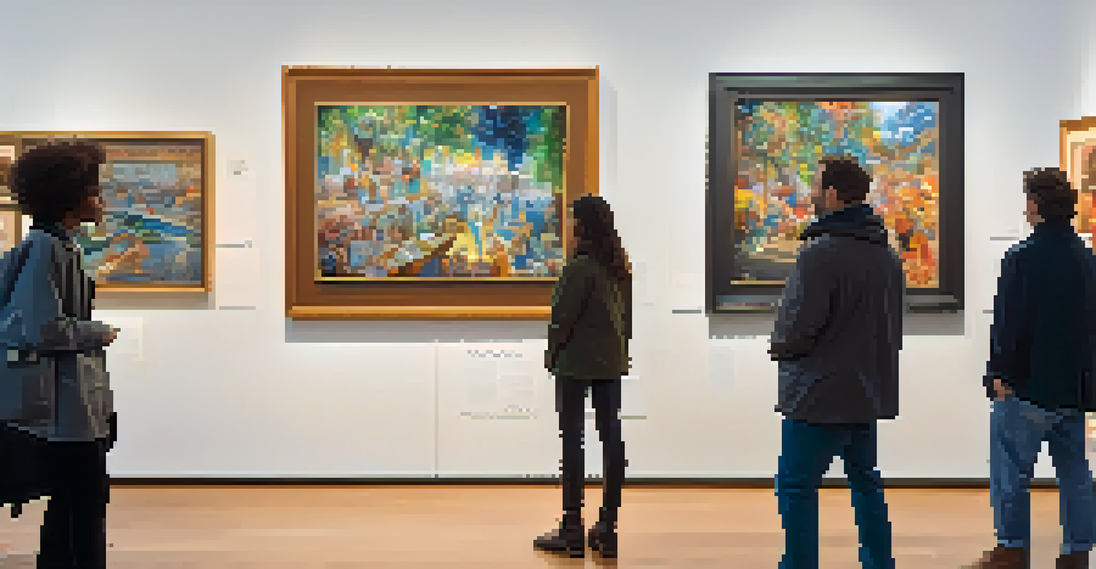 A gallery wall displaying various framed NFT artworks, with visitors engaging and admiring the pieces.