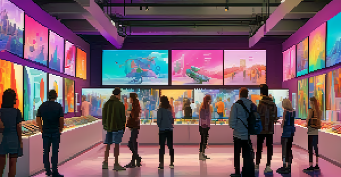 A lively digital art marketplace with artists and collectors engaging around digital screens showcasing NFTs.