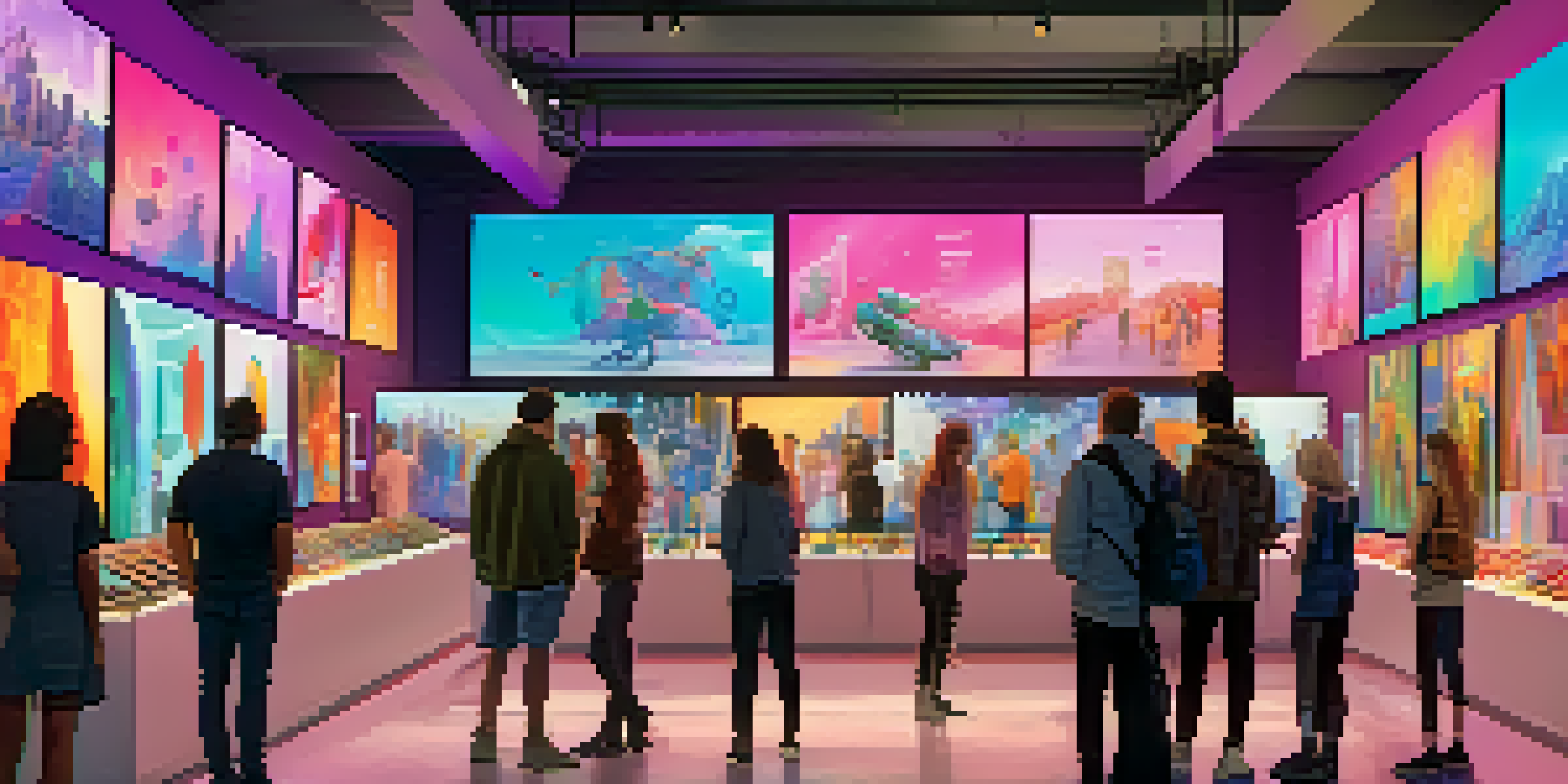 A lively digital art marketplace with artists and collectors engaging around digital screens showcasing NFTs.