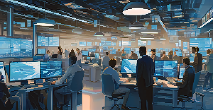 A modern newsroom with journalists discussing NFTs, featuring digital screens and holographic displays.