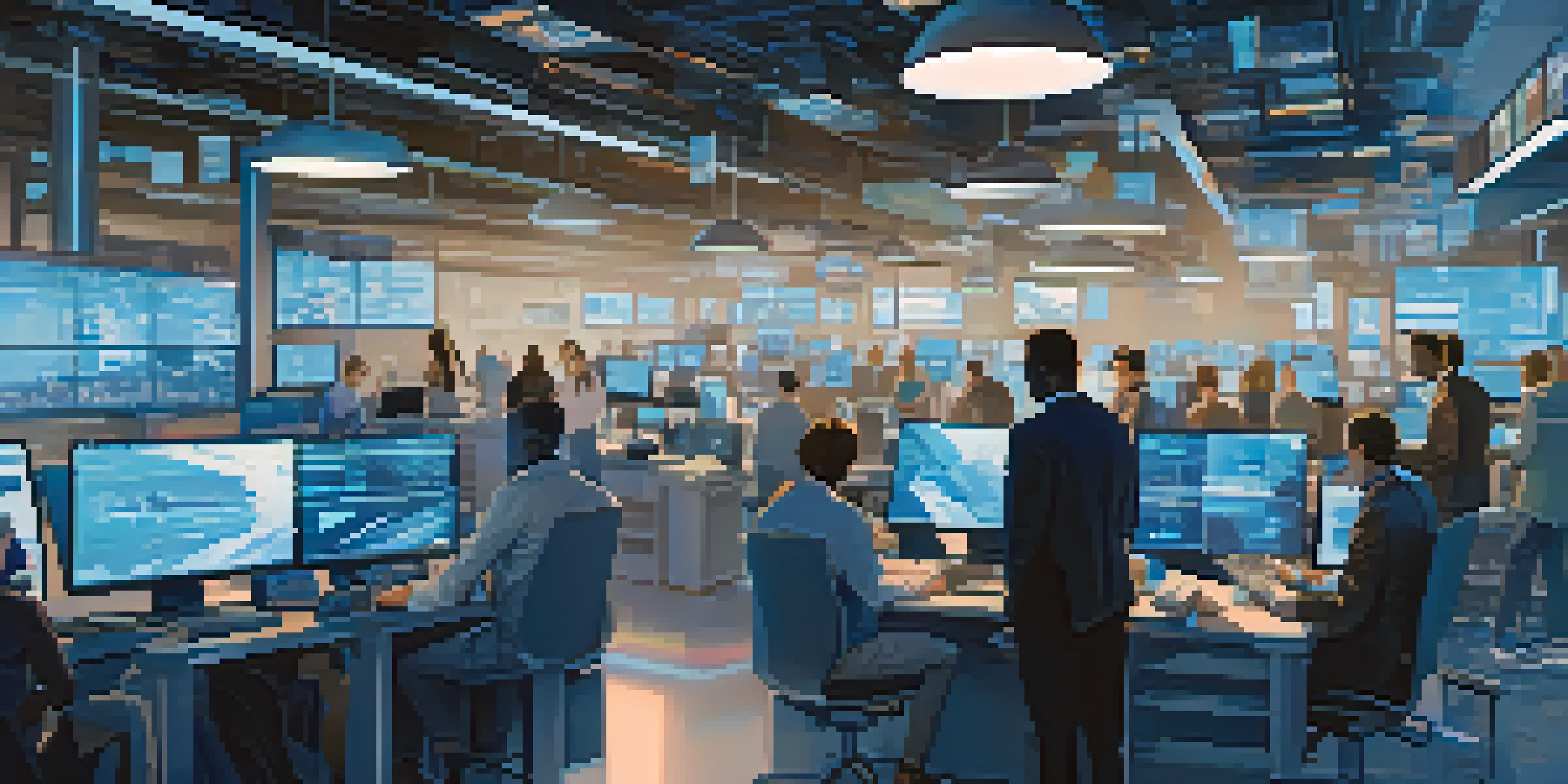 A modern newsroom with journalists discussing NFTs, featuring digital screens and holographic displays.