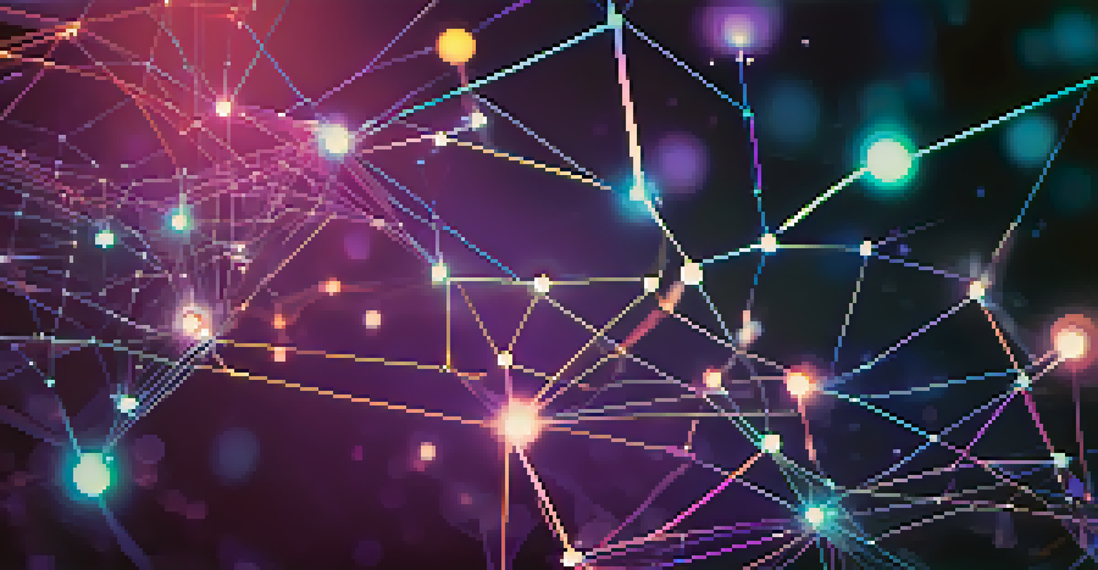 An artistic depiction of a blockchain network with interconnected nodes representing NFTs, set against a blue and purple gradient background.