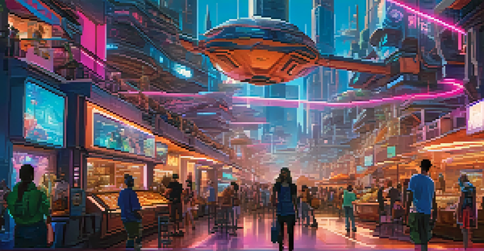 A futuristic city filled with gamers showcasing their unique digital assets in a vibrant marketplace.