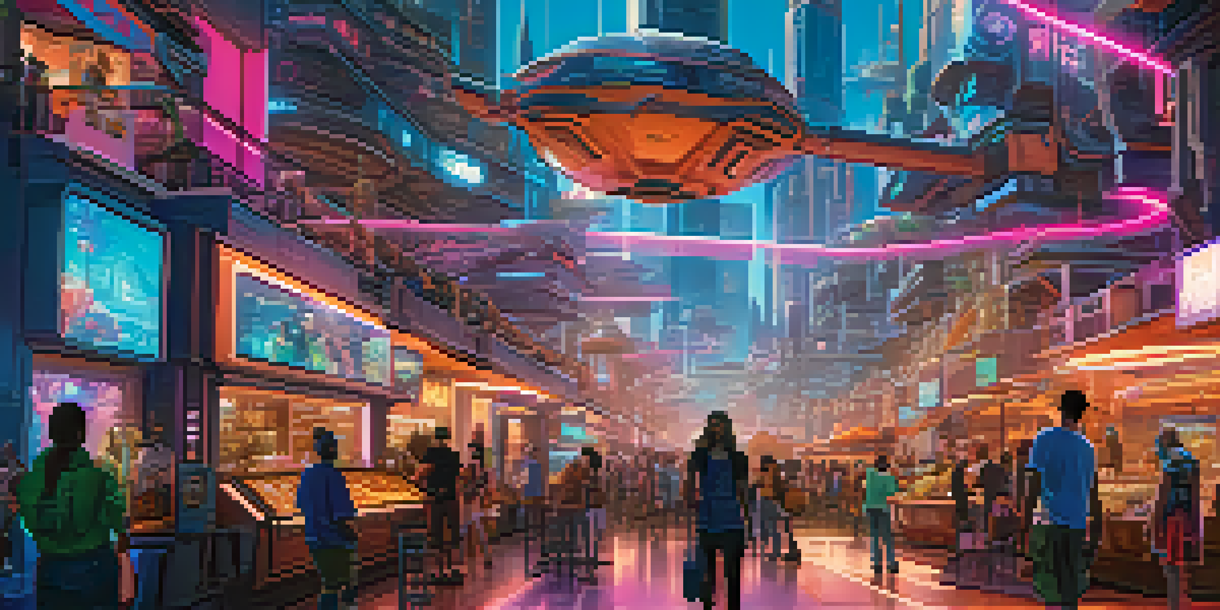 A futuristic city filled with gamers showcasing their unique digital assets in a vibrant marketplace.