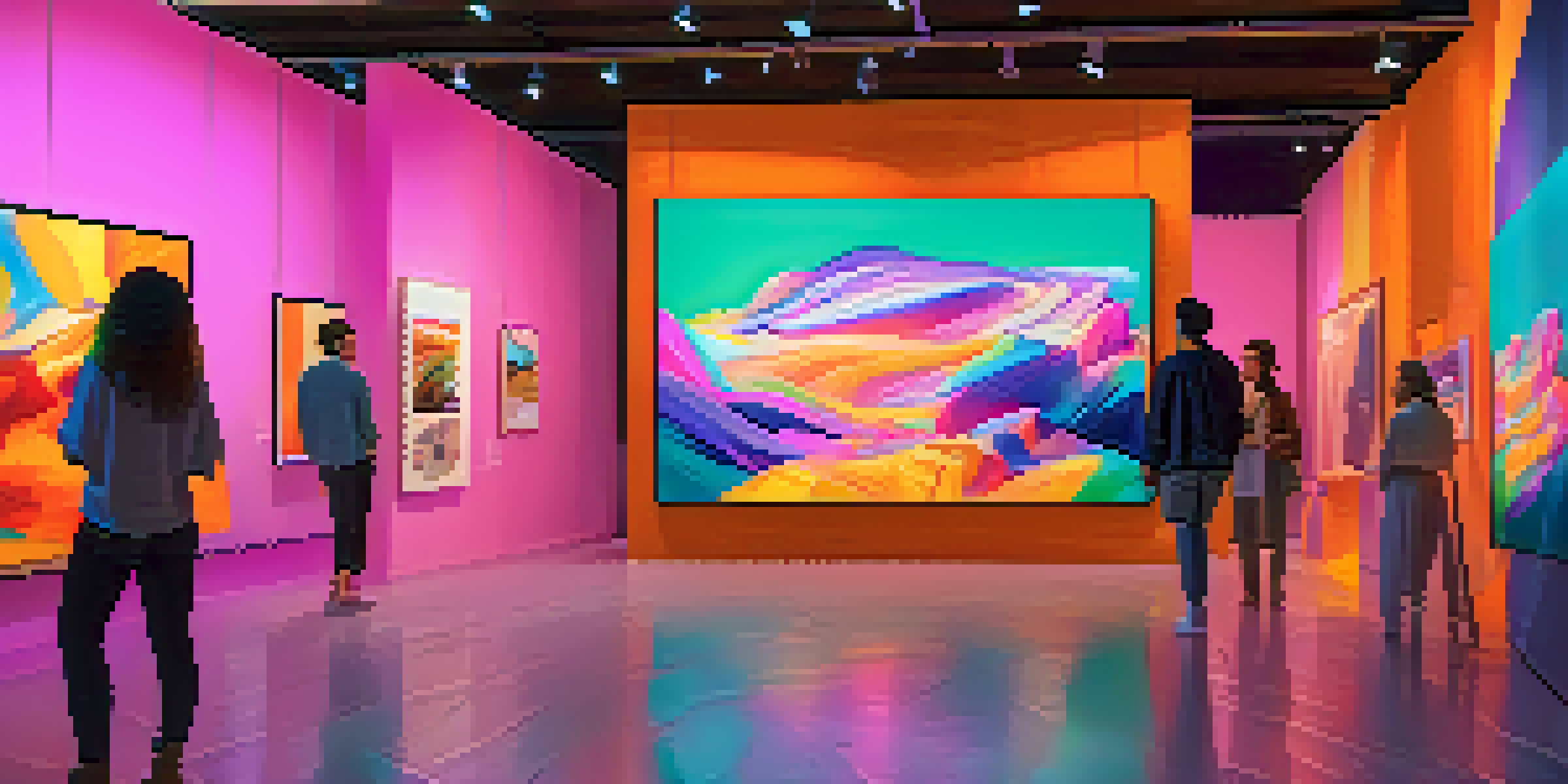A digital art gallery with colorful NFTs displayed on screens and people interacting.