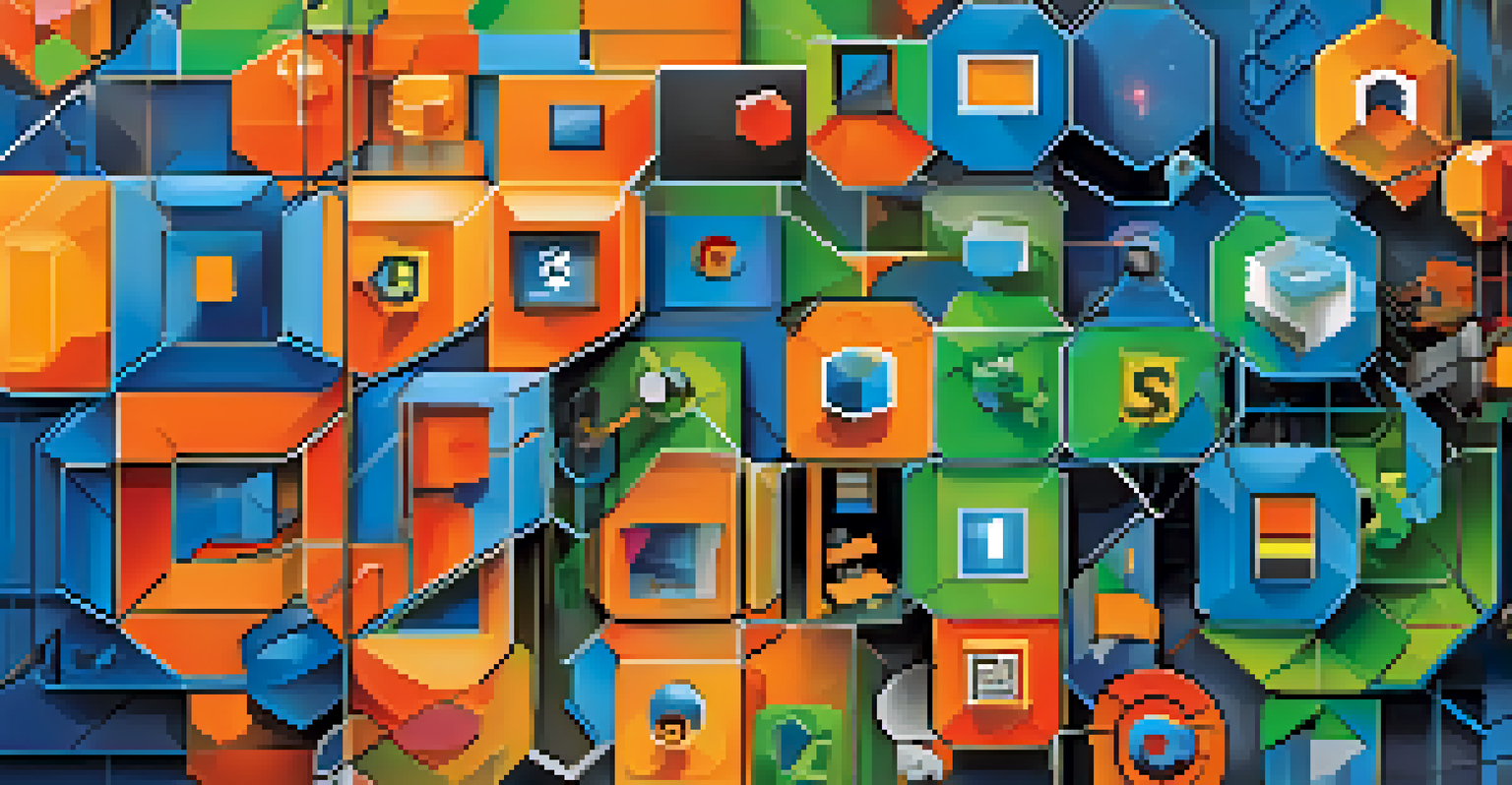 An abstract web of interconnected blocks representing blockchain technology, featuring icons of media forms in bright colors against a dark background.