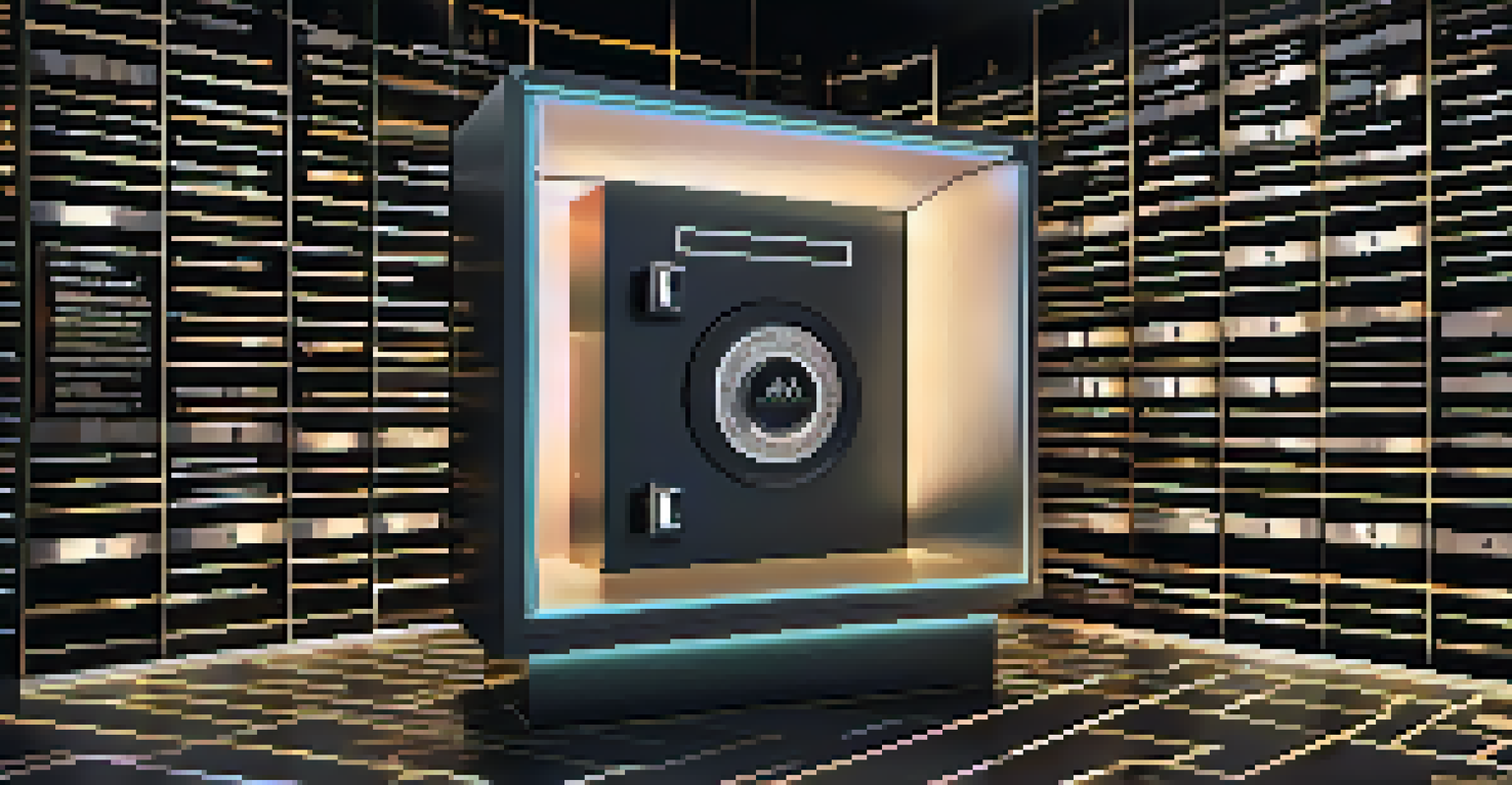 A digital legacy vault that resembles a shimmering safe, containing illuminated digital assets like art, music notes, and social media icons against a dark background.