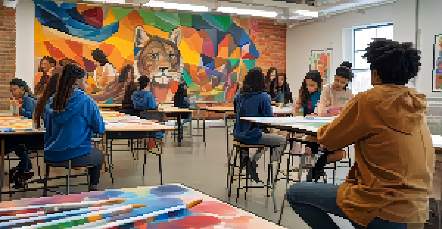 A local artist teaching students in an art studio, surrounded by colorful murals and student artworks, creating an inspiring environment.