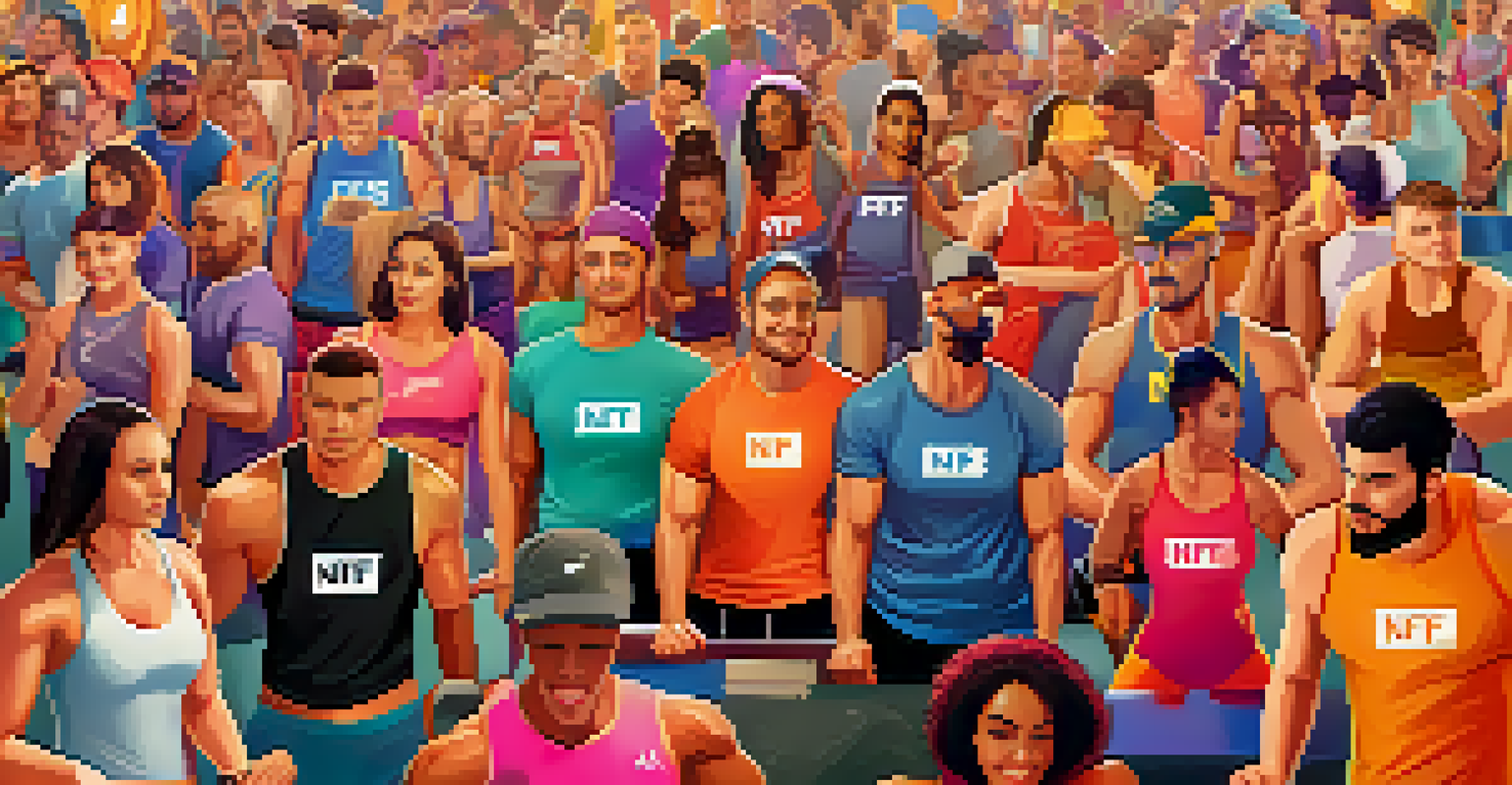 A fitness community event with diverse participants completing challenges, proudly displaying NFT badges around their necks, in a vibrant and motivational atmosphere.