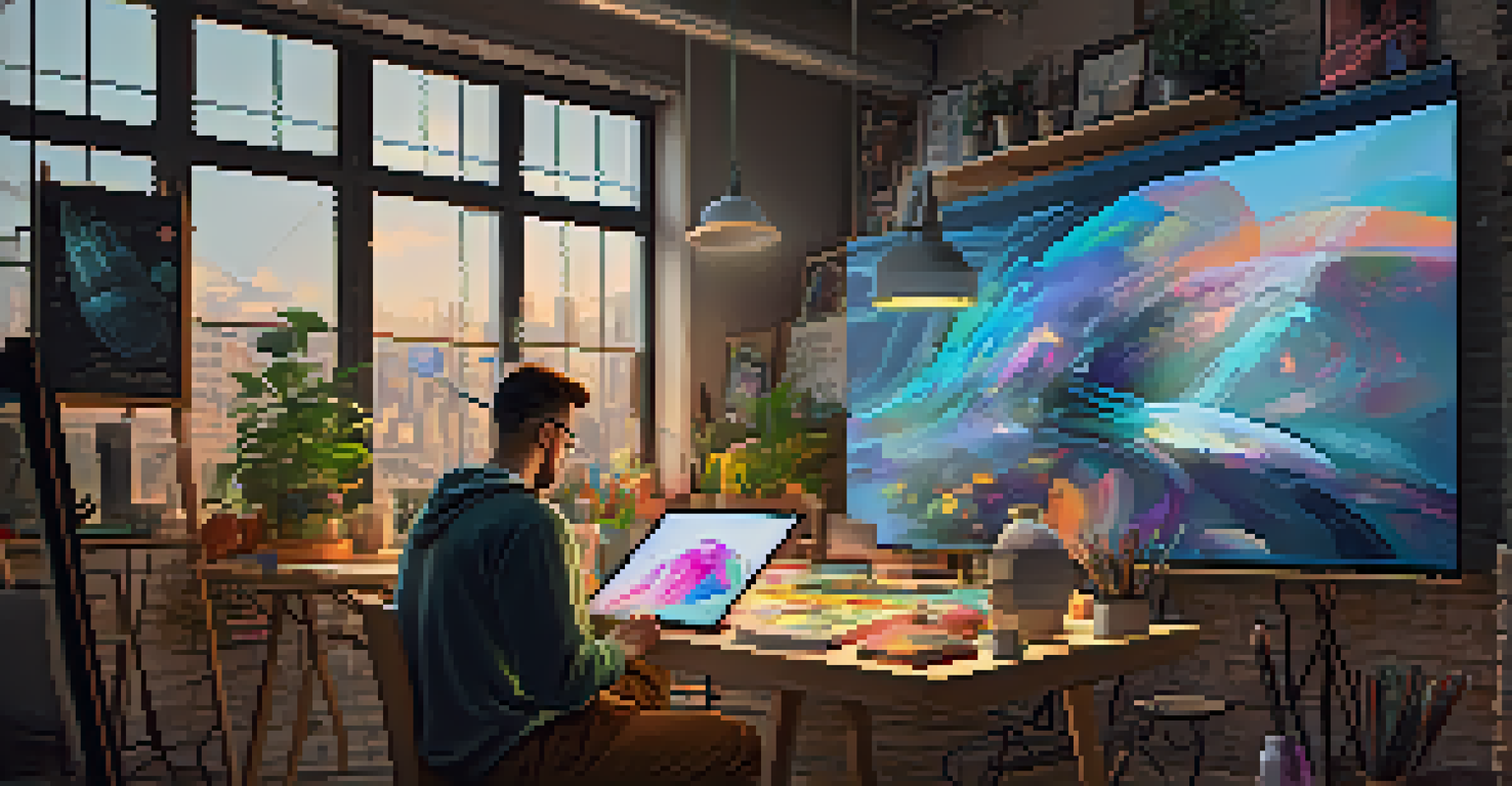 An artist working at a digital workspace, sketching on a tablet with NFT artworks displayed on a screen.