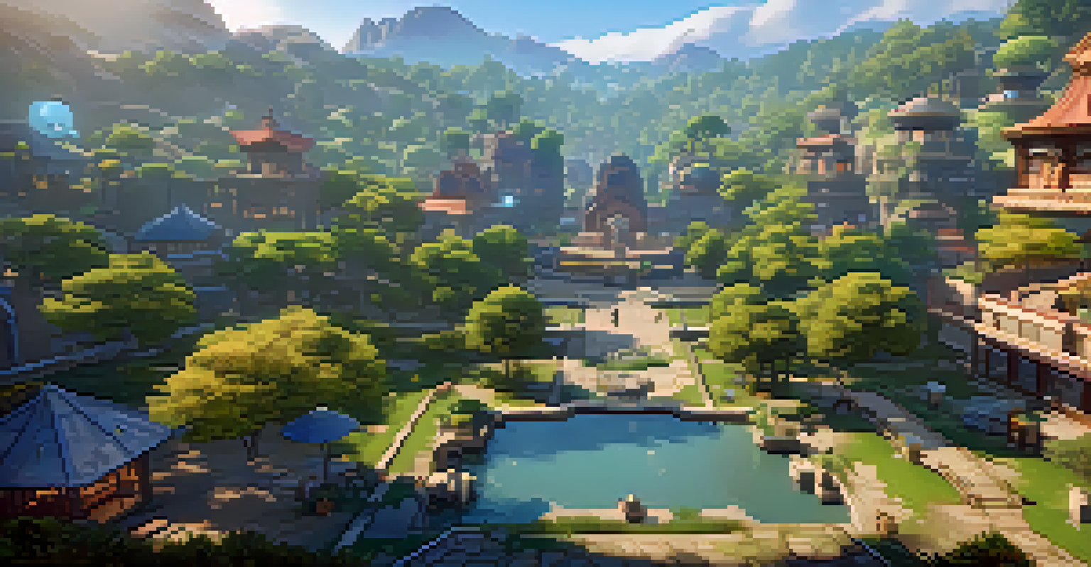 A serene virtual world in a game, displaying lush environments and beautifully designed buildings representing NFTs under a clear blue sky.