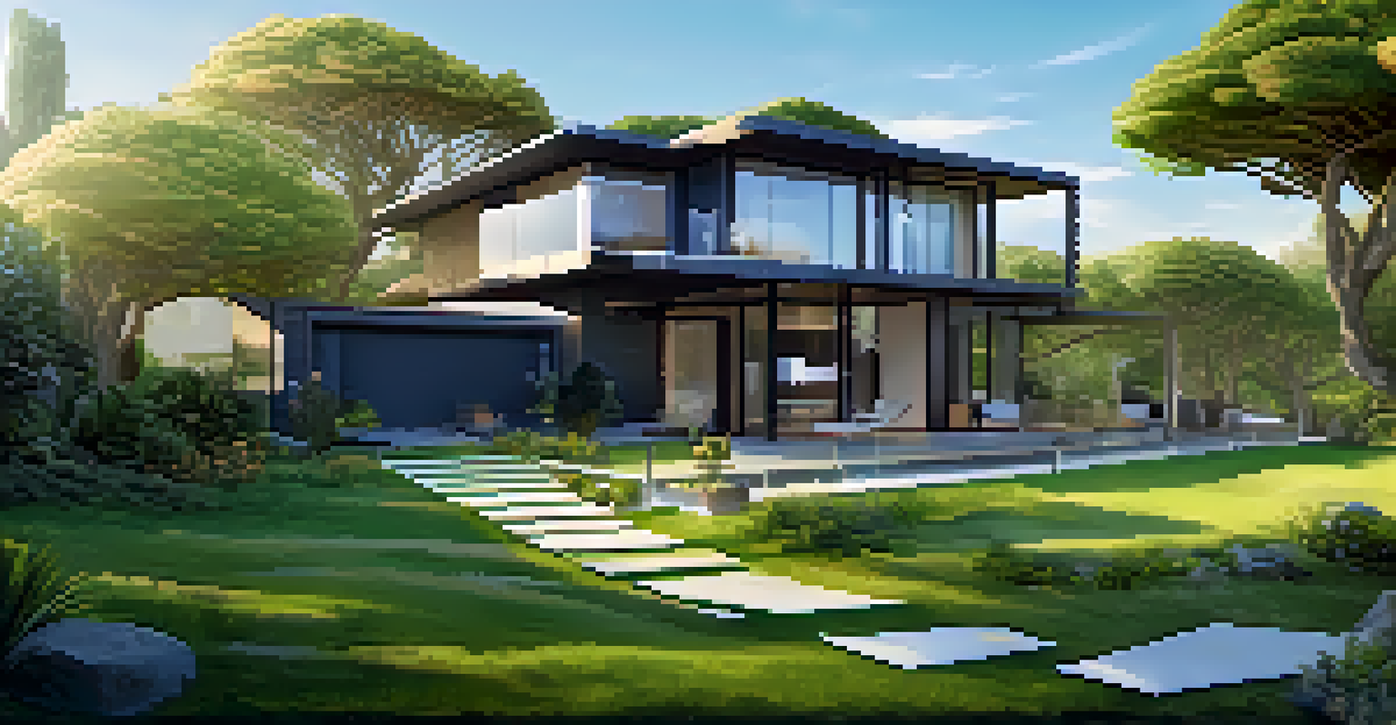 A house depicted with digital elements like blockchain patterns and NFT certificates, surrounded by greenery under a blue sky.