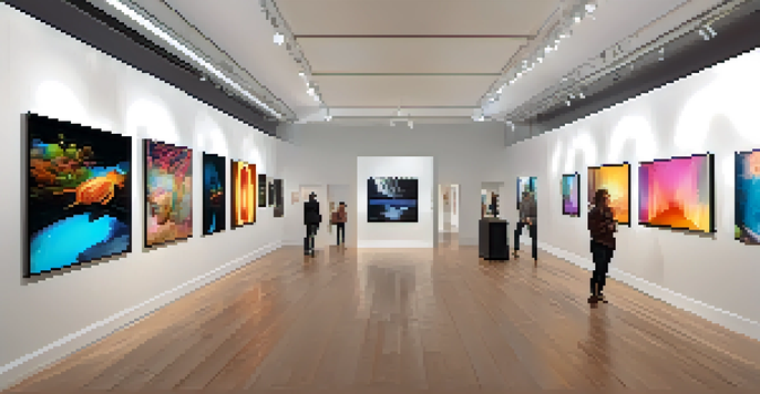 A digital art gallery with various unique NFT artworks displayed on screens, illuminated by soft lighting with visitors admiring the pieces.