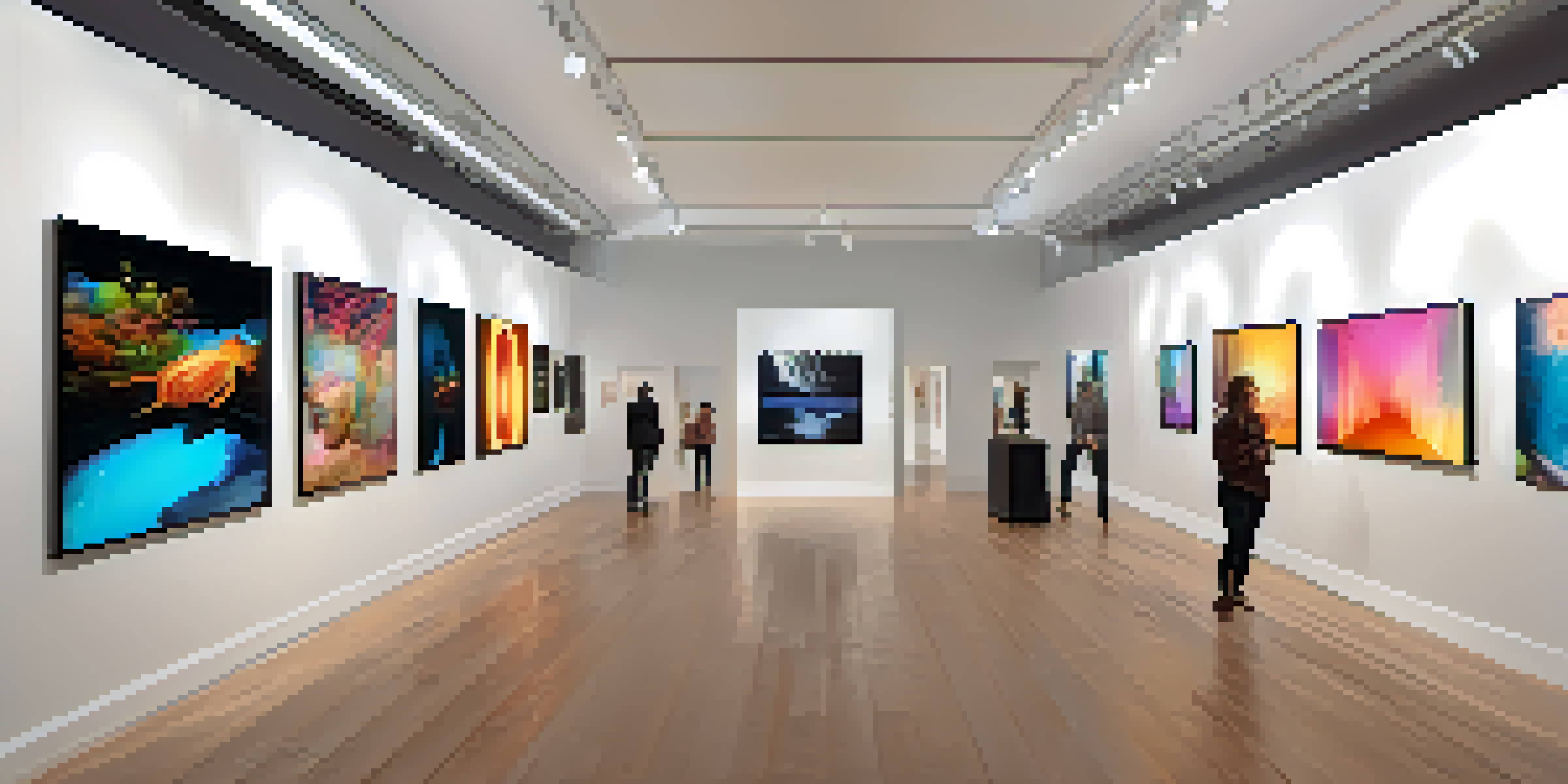 A digital art gallery with various unique NFT artworks displayed on screens, illuminated by soft lighting with visitors admiring the pieces.