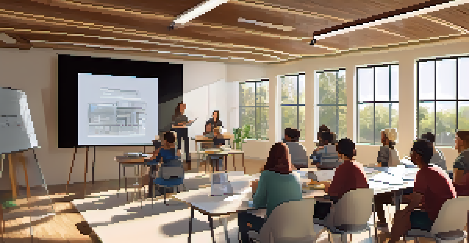 An instructor teaching a group of learners about NFTs in an educational workshop with a projector and a bright, inviting environment.