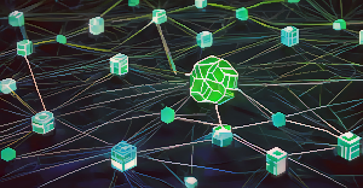 A close-up visualization of a blockchain network with interconnected nodes and glowing digital tokens, representing ownership in the NFT market.