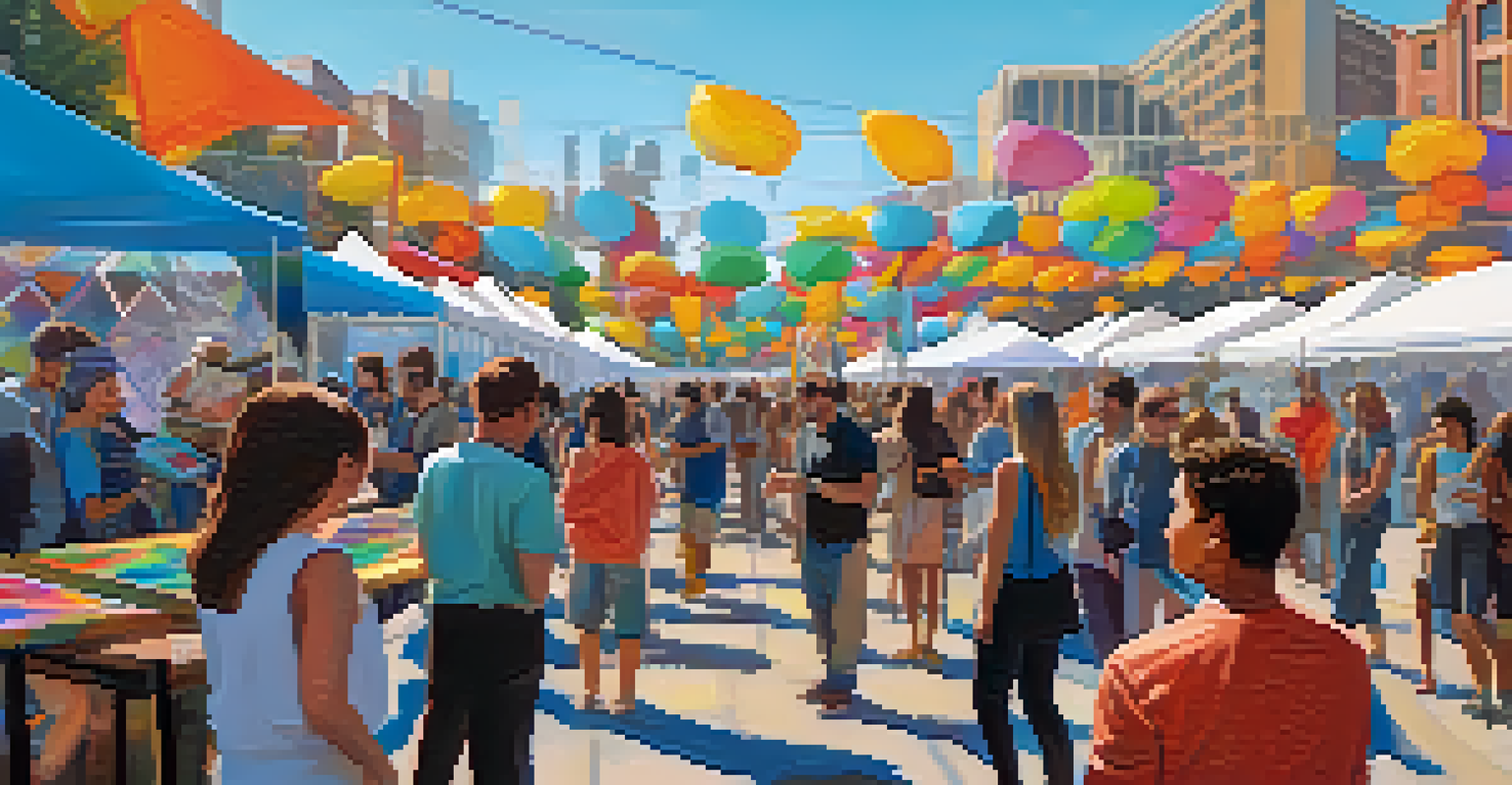 An outdoor art festival showcasing NFTs with colorful digital art on screens, featuring attendees of various ages engaging and enjoying the lively atmosphere.