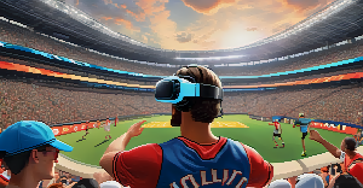 Fans wearing VR headsets interact with 3D digital sports collectibles in an immersive stadium environment.