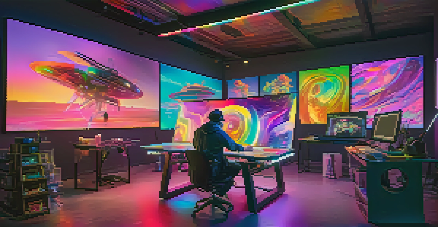 An artist's studio showcasing modern technology and vibrant digital artwork creation for NFTs.