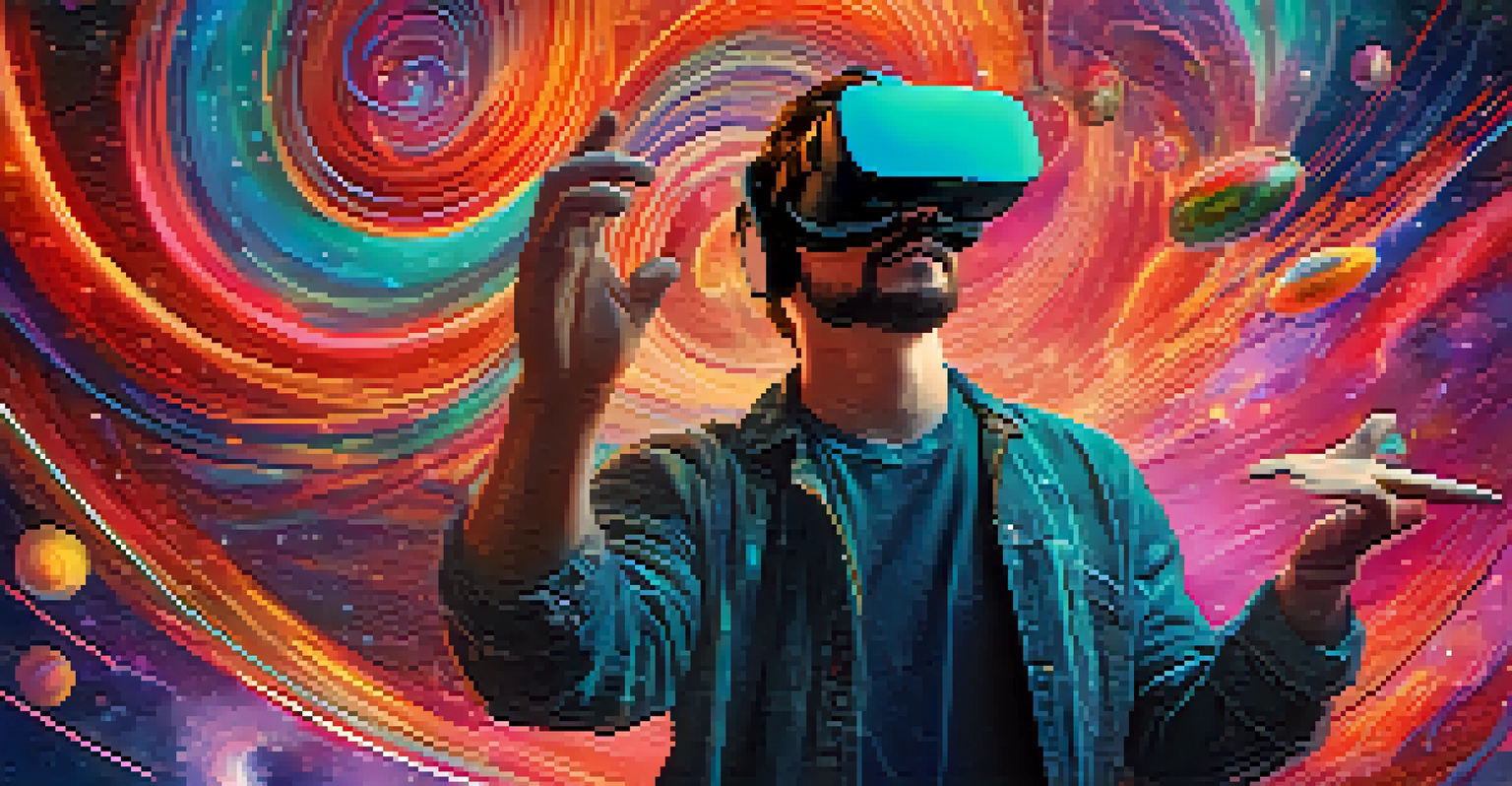 A digital artist using virtual reality to create colorful 3D art in an immersive environment.