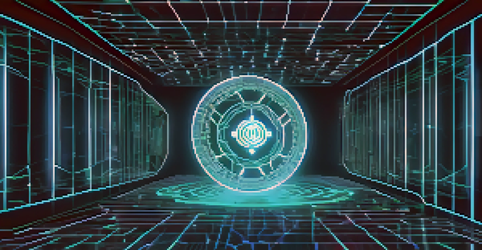A digital illustration showing NFTs representing data integrity in clinical trials, featuring a glowing blockchain and a digital fingerprint.
