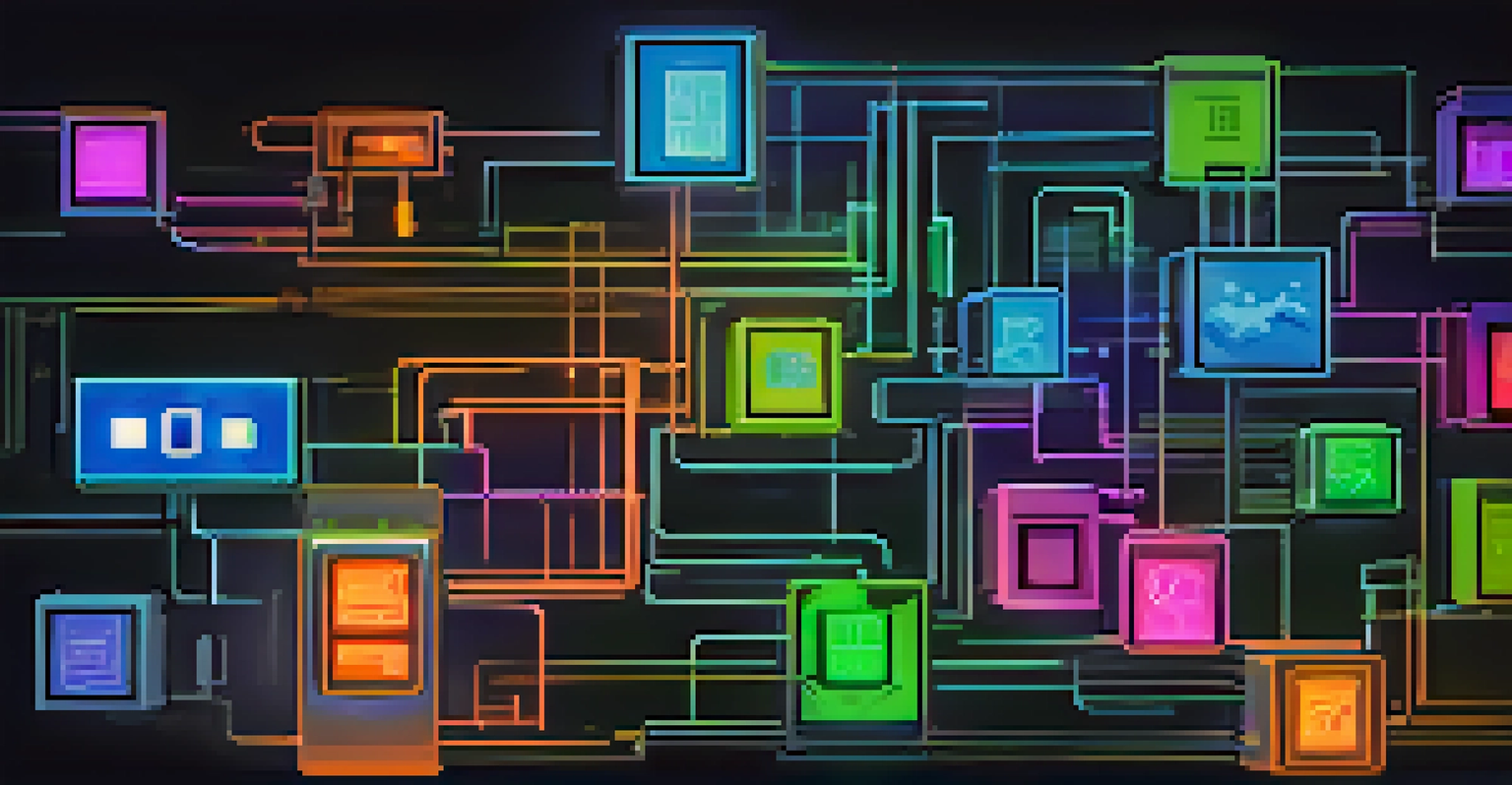 A visual representation of a blockchain network with glowing blocks and digital asset icons.
