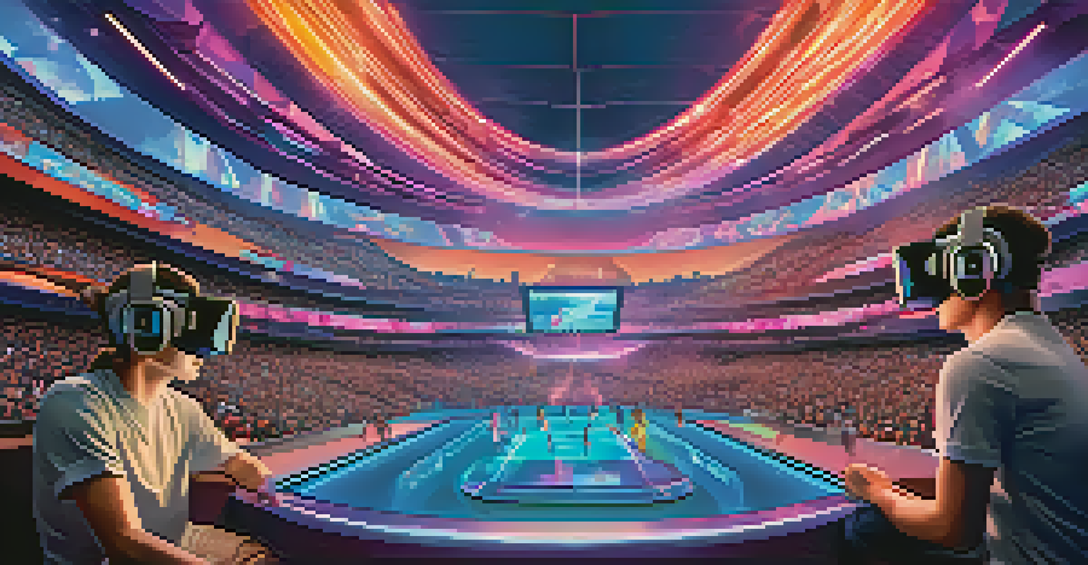 Fans using virtual reality headsets to experience a live game, surrounded by floating digital NFTs, in a colorful and dynamic setting.