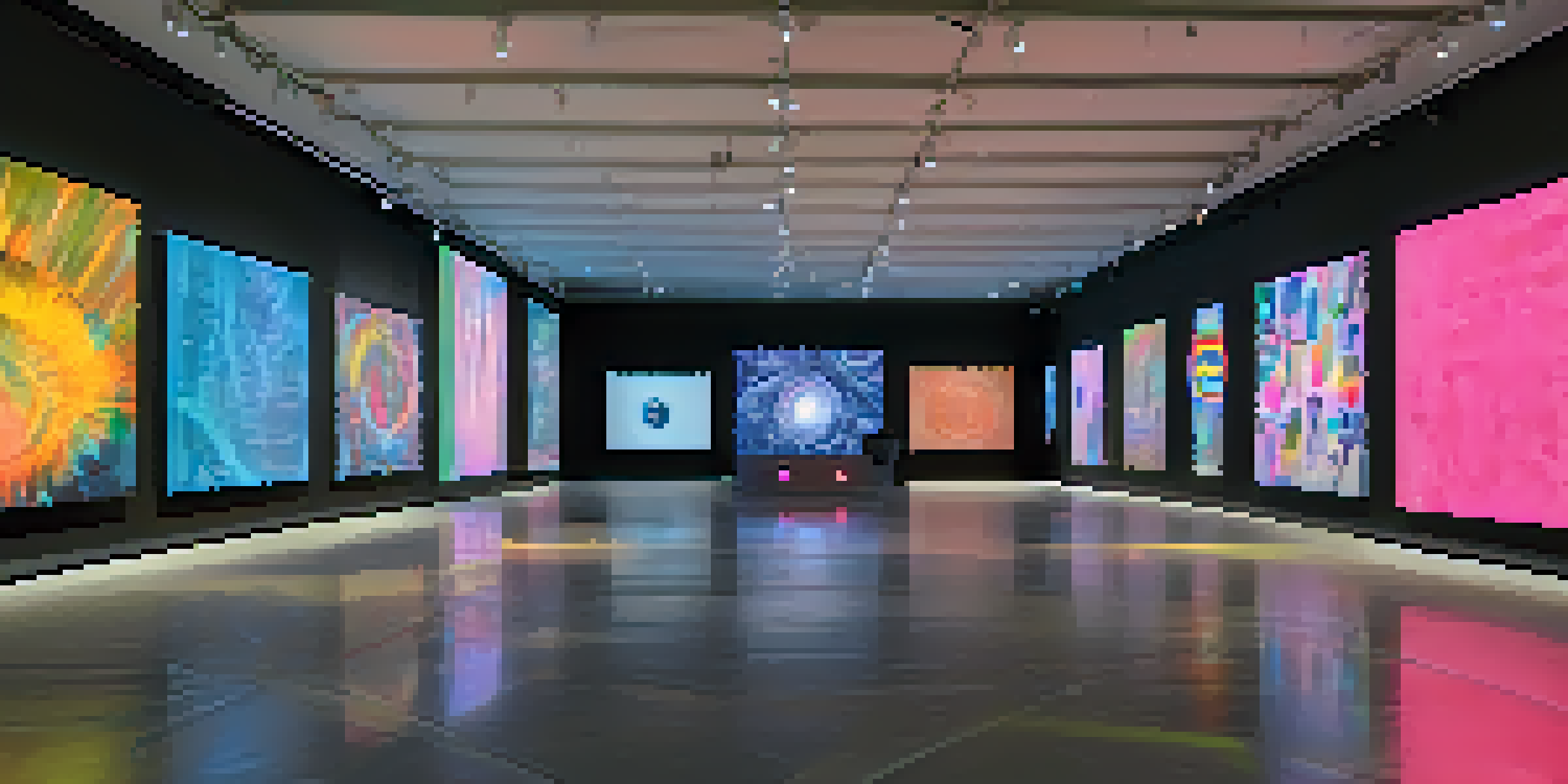A modern digital art gallery filled with diverse NFT artworks, illuminated by colorful light projections and showcasing interactive displays. Visitors are engaged with the art and using tablets.