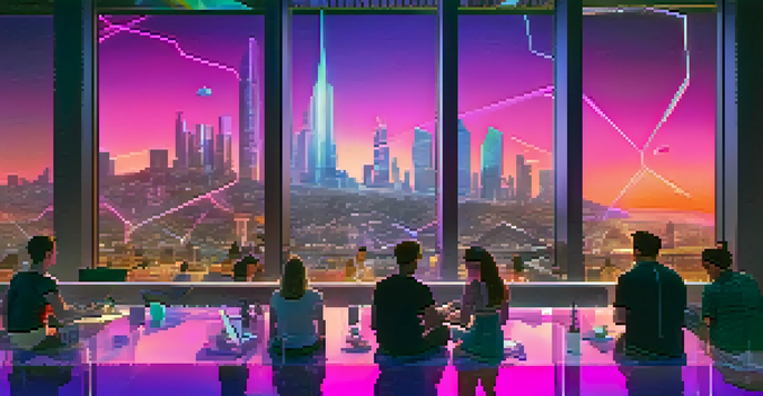 A diverse group of people discussing digital art and NFTs in a futuristic city at dusk, with glowing buildings and holographic projections.
