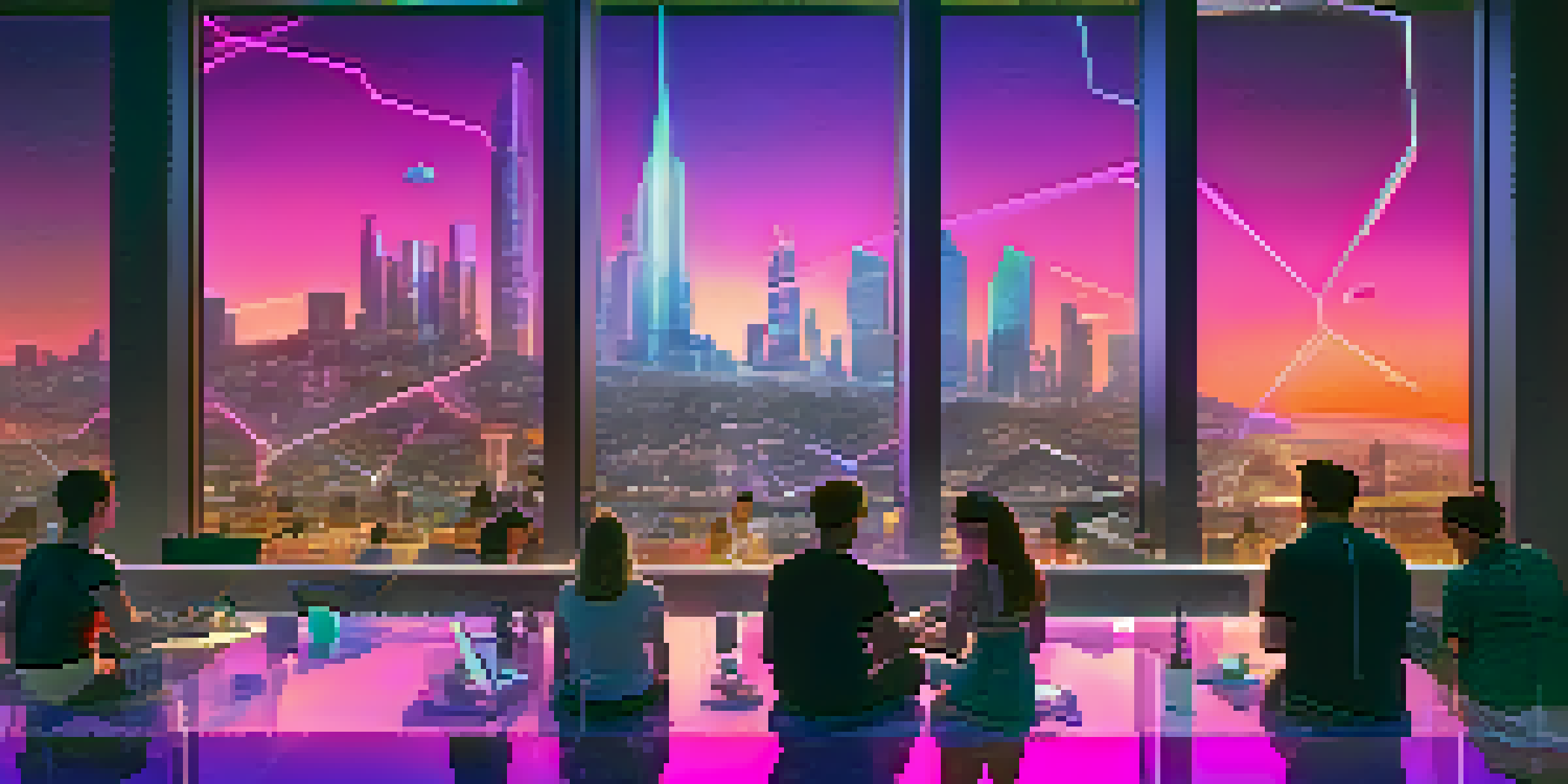 A diverse group of people discussing digital art and NFTs in a futuristic city at dusk, with glowing buildings and holographic projections.