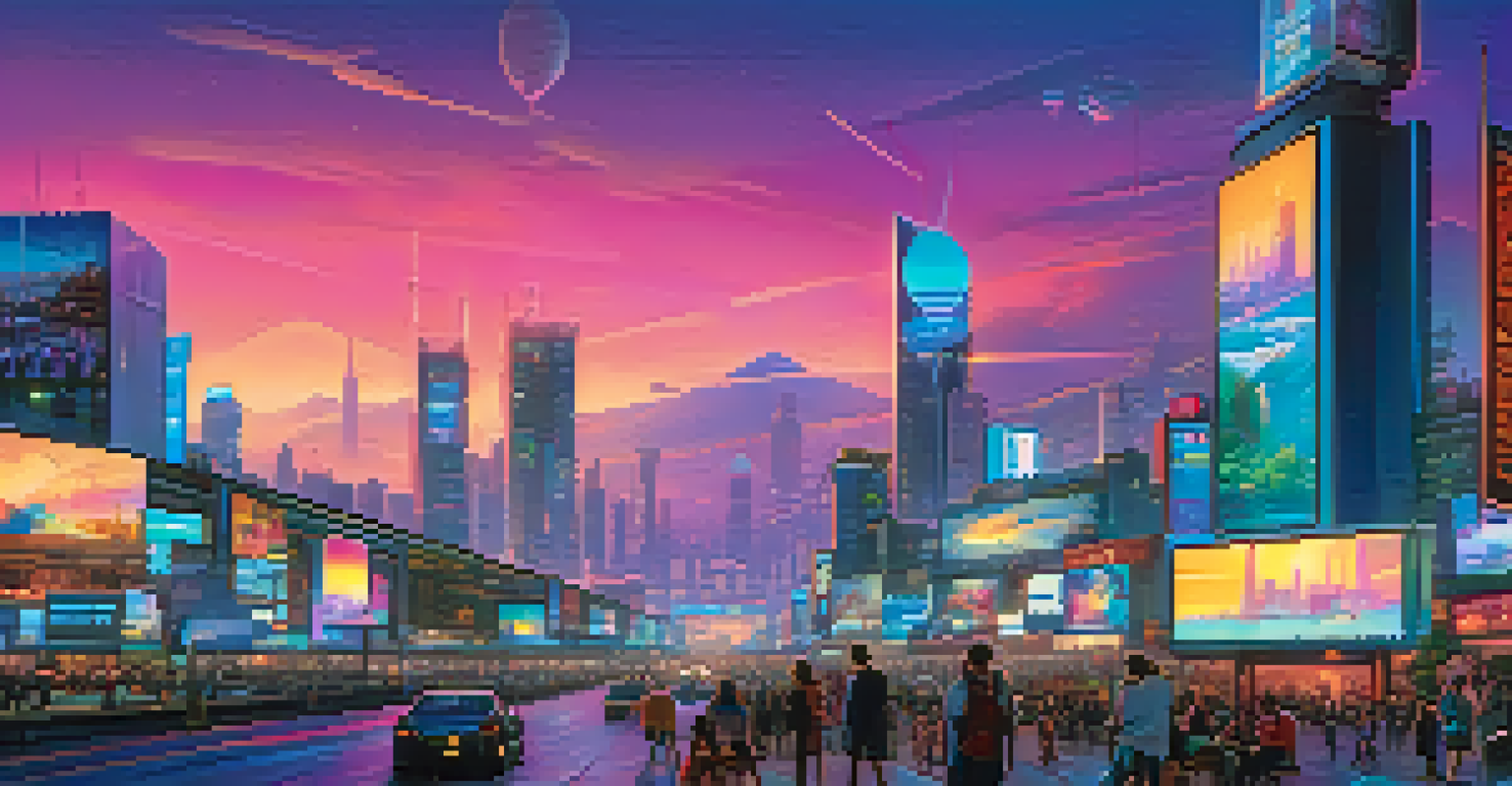 A futuristic city skyline at dusk with animated billboards displaying NFTs, surrounded by people admiring the digital art, illuminated by vibrant neon lights.