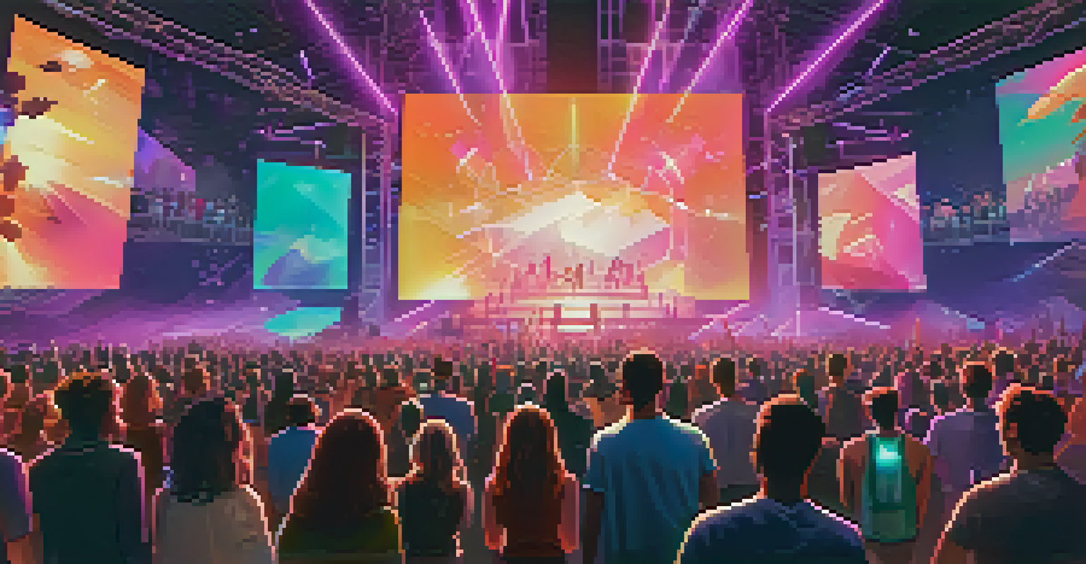 A lively virtual concert scene with NFT holders enjoying the event, surrounded by vibrant lights and digital displays.