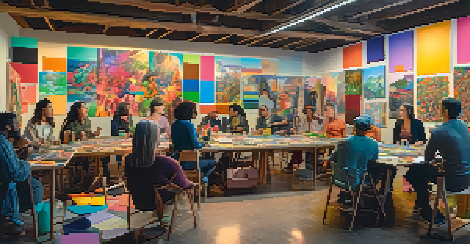 A group of diverse artists gathered in a creative studio, collaborating on ideas for an NFT collective, surrounded by colorful artwork.