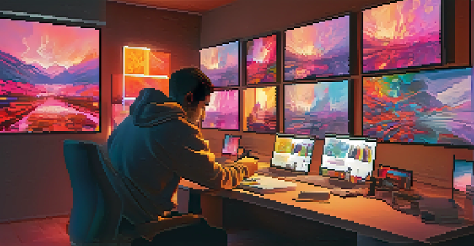 A digital artist working in a modern studio, surrounded by colorful digital artworks displayed on screens.