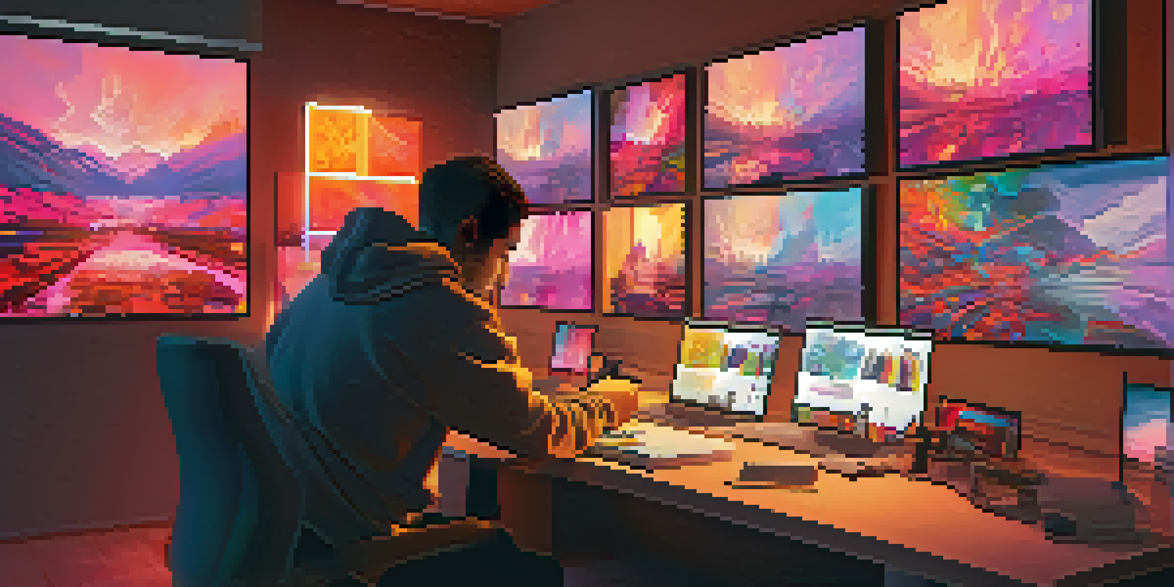 A digital artist working in a modern studio, surrounded by colorful digital artworks displayed on screens.