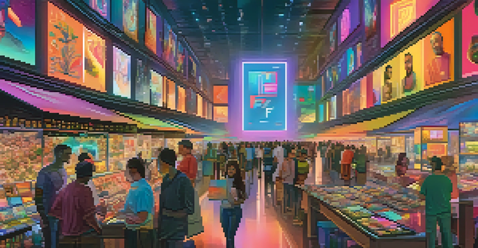 A lively digital art marketplace with artists creating and selling NFTs, surrounded by colorful digital canvases and holographic displays.