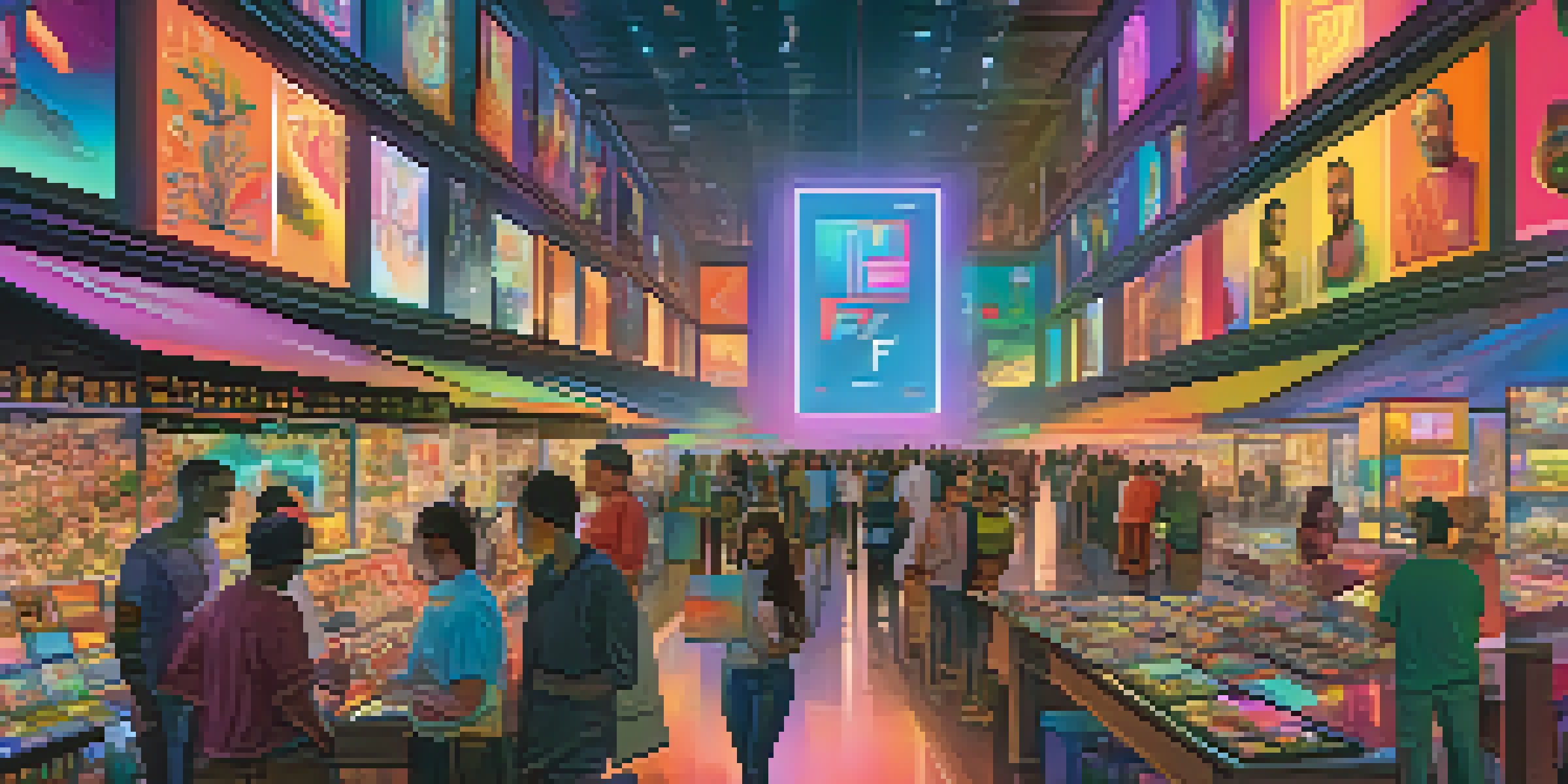 A lively digital art marketplace with artists creating and selling NFTs, surrounded by colorful digital canvases and holographic displays.