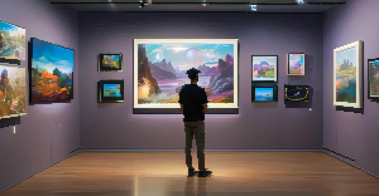 A virtual art gallery showcasing unique NFT artworks in floating frames, with visitors admiring the pieces.