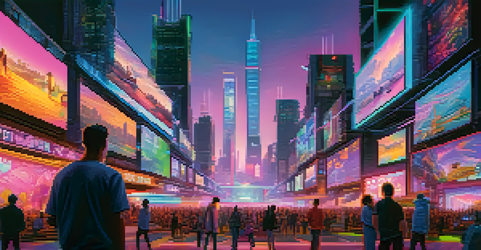A futuristic city with neon billboards displaying NFTs and people interacting with holographic art displays.