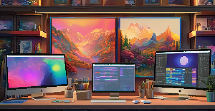 A digital art studio with various artworks and NFTs displayed on screens, warm lighting, and colorful paintings.