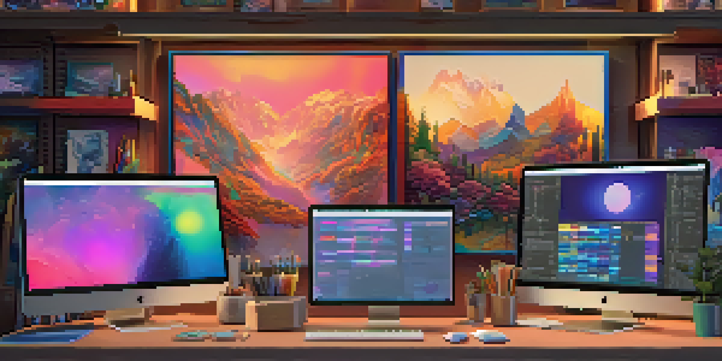 A digital art studio with various artworks and NFTs displayed on screens, warm lighting, and colorful paintings.