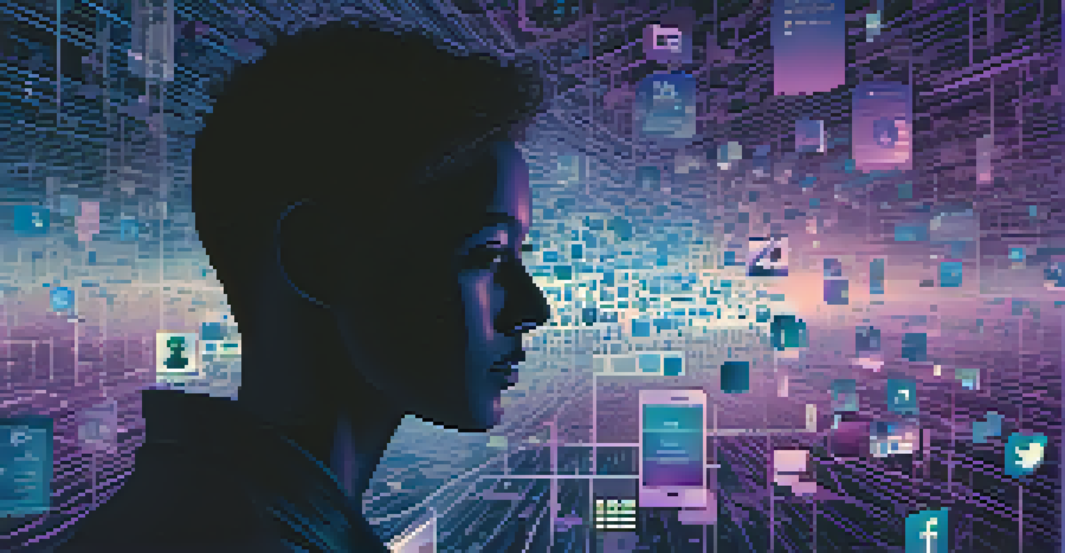 A human silhouette composed of social media icons and digital certificates, set against a gradient background of blues and purples.