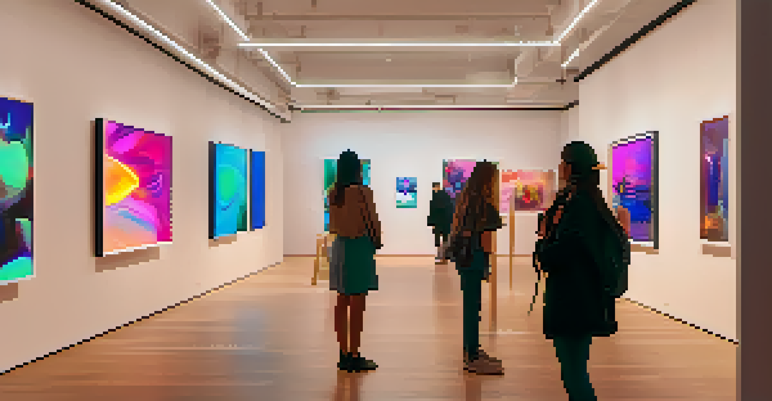 A digital art gallery filled with colorful abstract artworks representing NFTs, with people admiring the pieces in a warmly lit space.